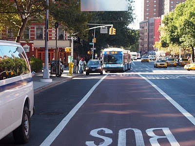 Green Streets - The M15 bus makes a stop in its new bus-only lane on 1st Avenue - photo courtesy EV Grieve