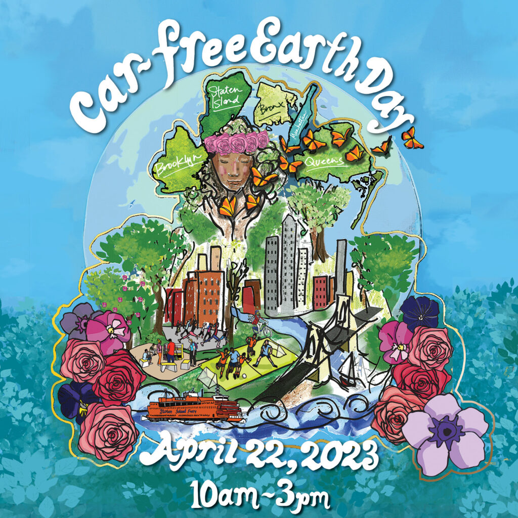 Flyer for Car Free Earth Day showing mother nature figure overlooking buildings, trees and flowers