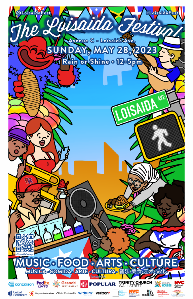Poster for Loisaida Festival showing elements of Loisaida Street Scape and people
