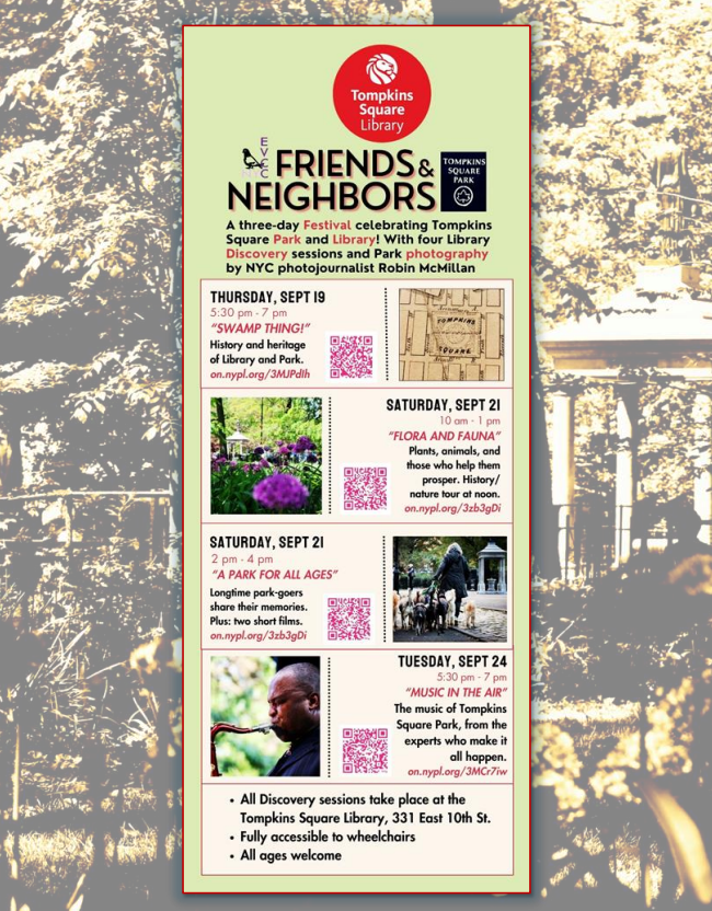 Flyer for 3 day festival of programs on Tompkins Square Park and Library 9/19-24