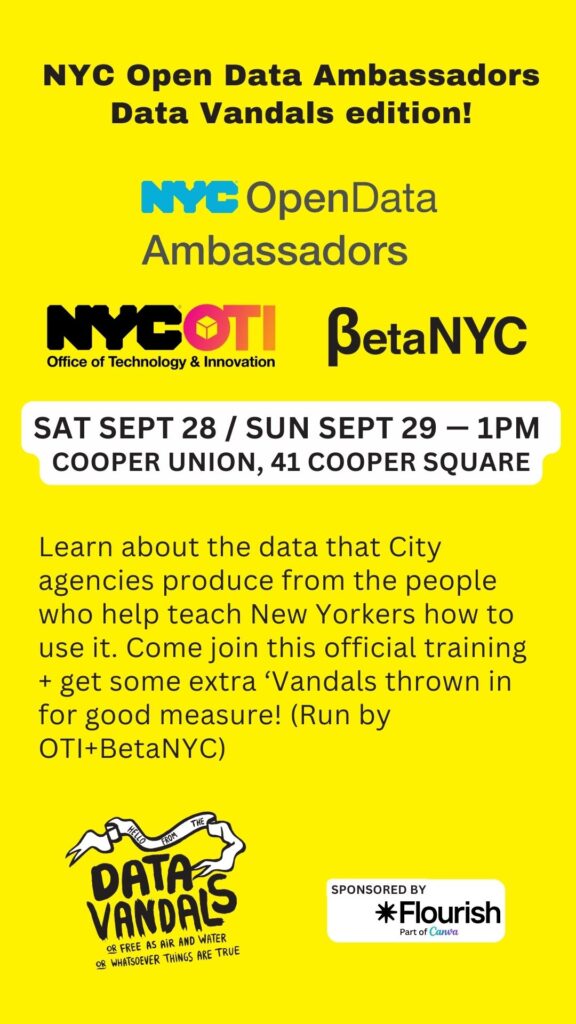 Flyer for open data trainings at Cooper Union 1pm Sat Sep 28 and Sun Sep 29