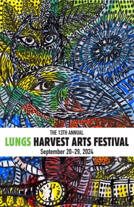 Flyer for Loisaida United Neighborhood Gardens Harvest Arts Festival 9/20-29 featuring artwork of birds created by Sally Young.