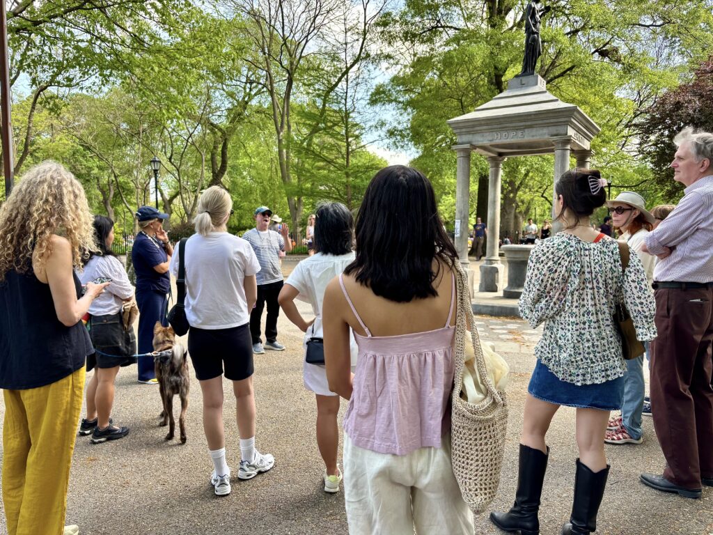 Crowd gathered in Tompkins Square Park to listen to the Jane's Walk