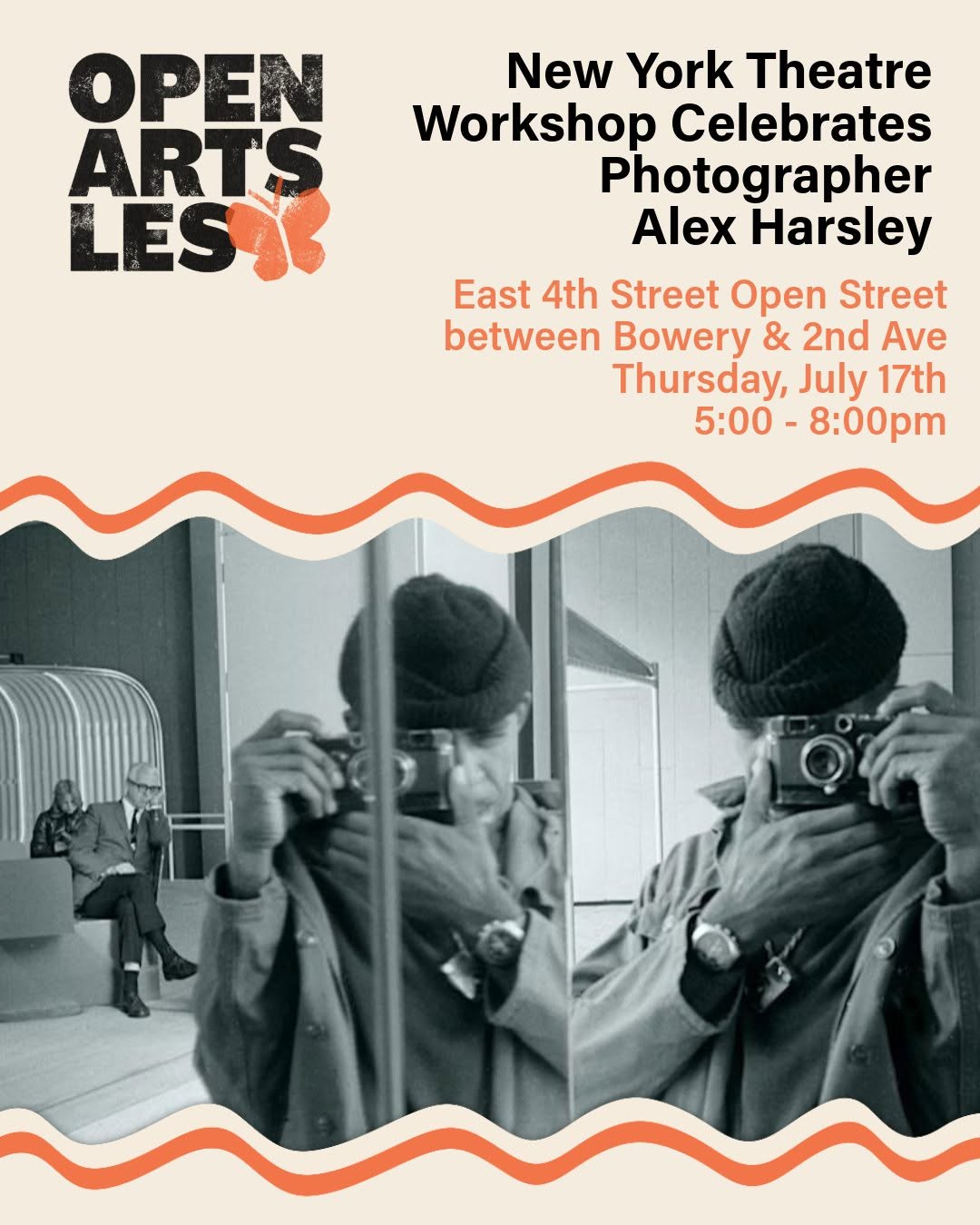 Open Arts LES celebrating Photographer Alex Harsley's birthday event flyer.