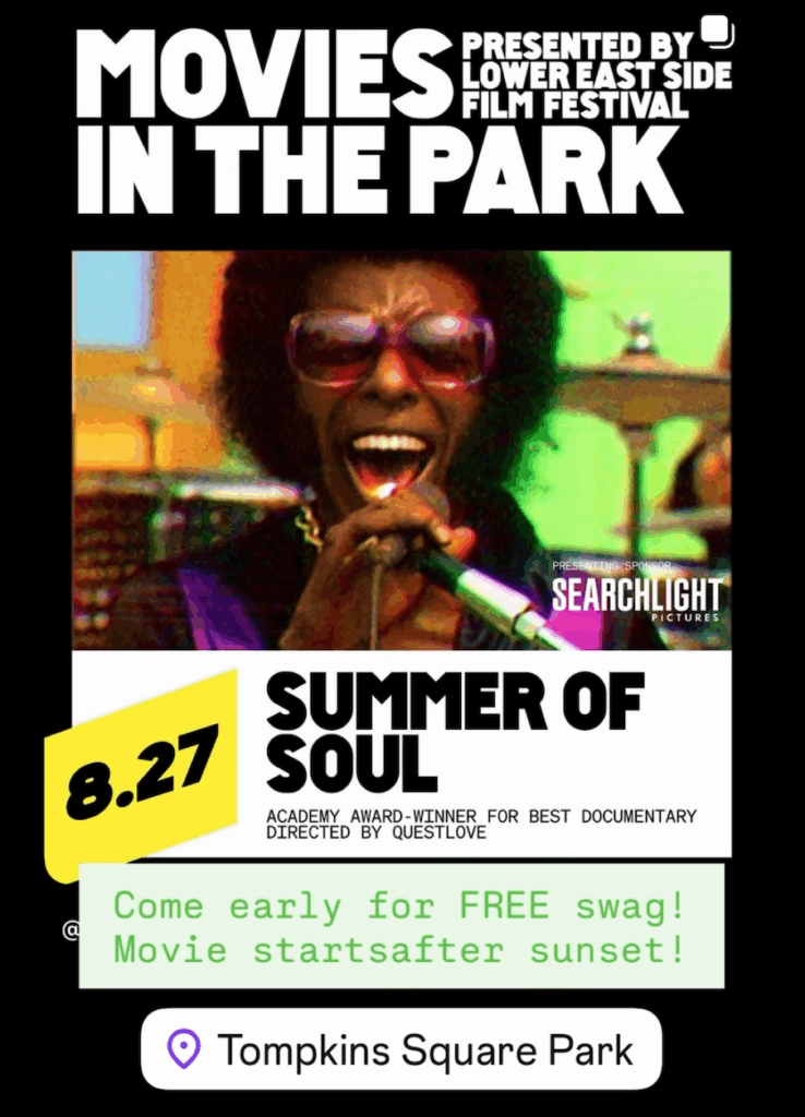 Flyer for Summer of Soul screening in Tompkins square park