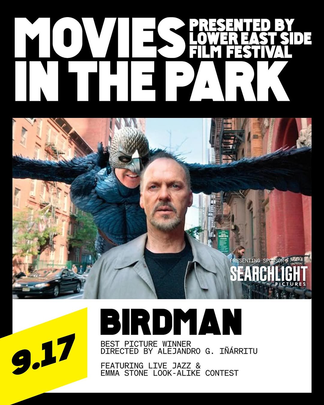 Flyer for Birdman movie screening in Tompkins Square Park,