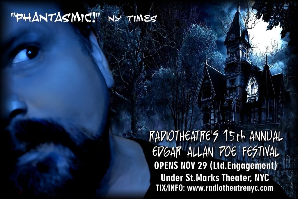 A graphic featuring a frightened man running from an eerie dark mansion promoting Radiotheater's 15th annual Edgar Allan Poe Festival