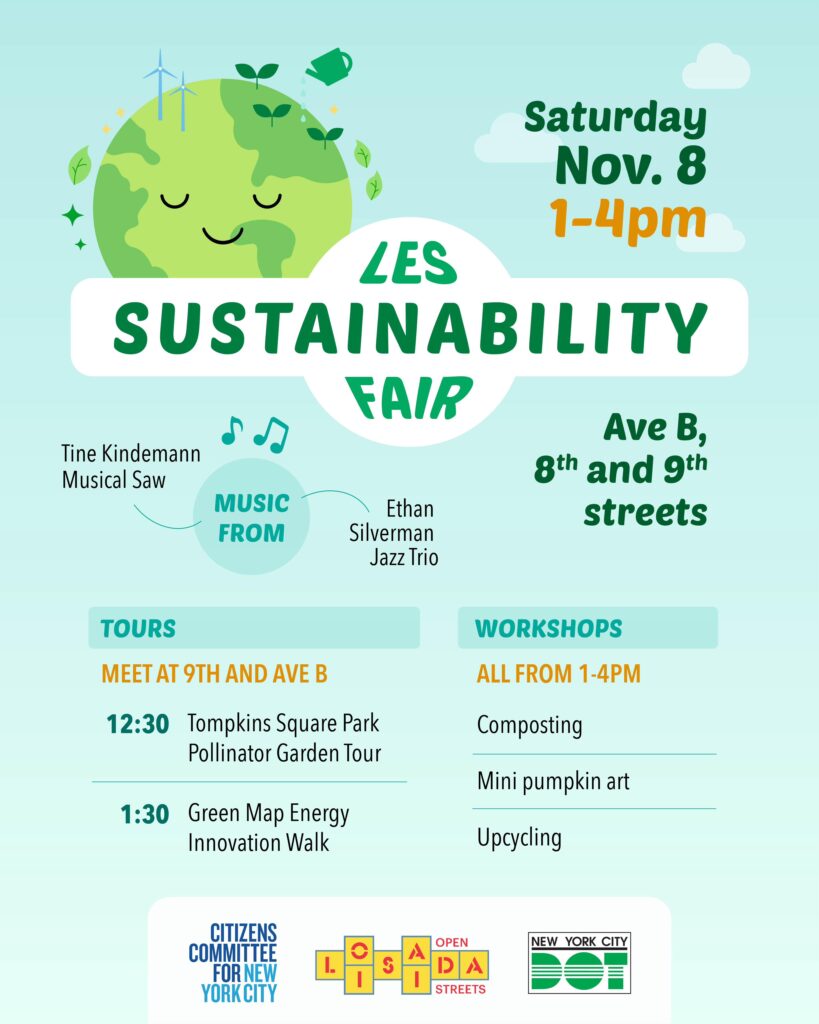 Flyer for LES Sustainability Fair, with contented earth cartoon.