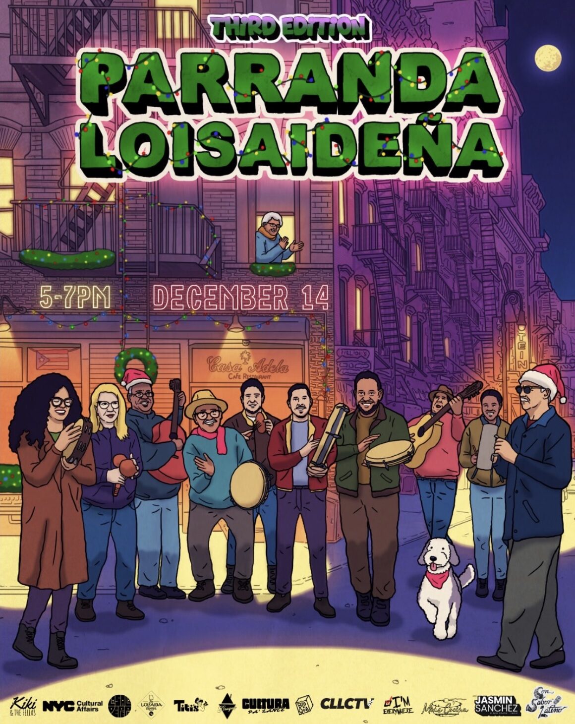 A graphic featuring a group of people with instruments walking around the street to promote the 3rd annual parranda.
