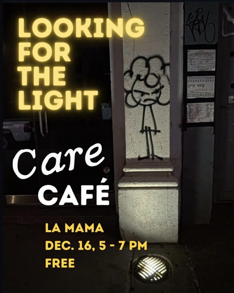 A graphic featuring a graffiti artwork being uncovered by a light to promote the care cafe.