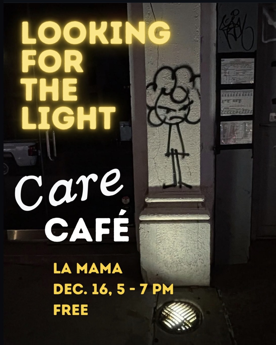 A graphic featuring a graffiti artwork being uncovered by a light to promote the care cafe.