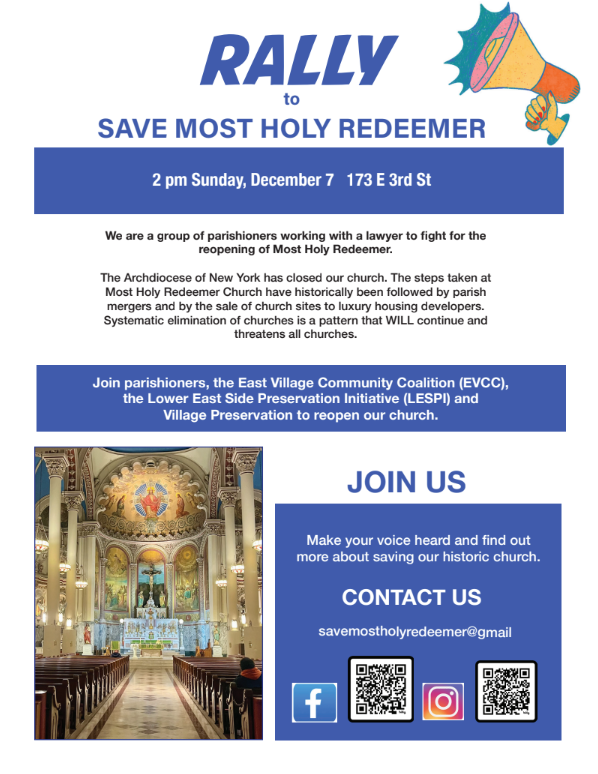 A graphic featuring a picture of the church and a megaphone to promote the call to help join the rally to save the church.