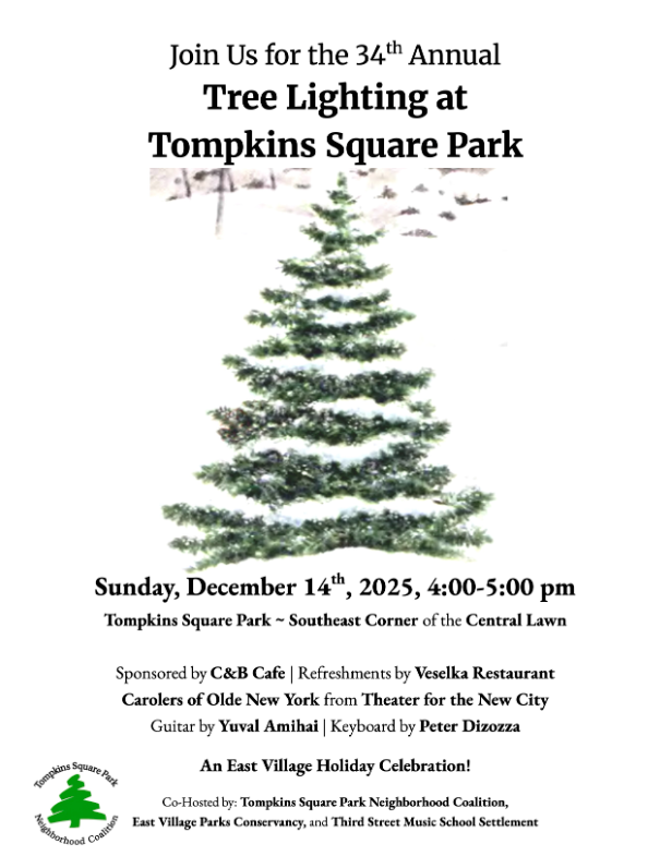 A graphic featuring a Christmas tree to promote the tree lighting at Tompkins Square park
