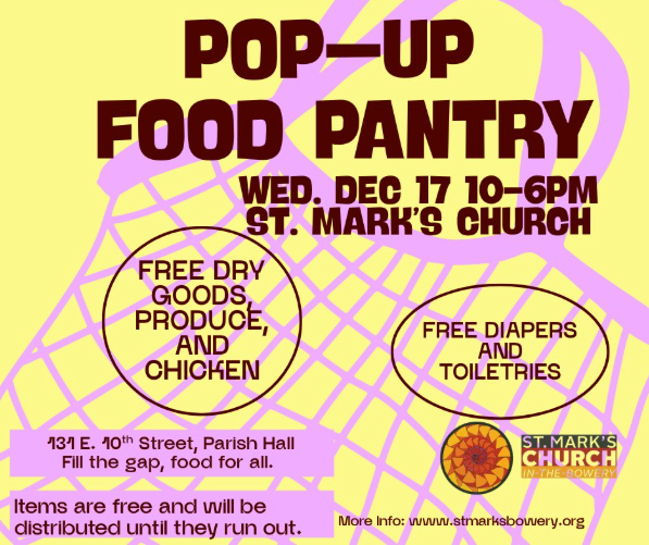 A graphic featuring a large woven bag to promote the pop-up food pantry the St. mark's church is hosting Wednesday.