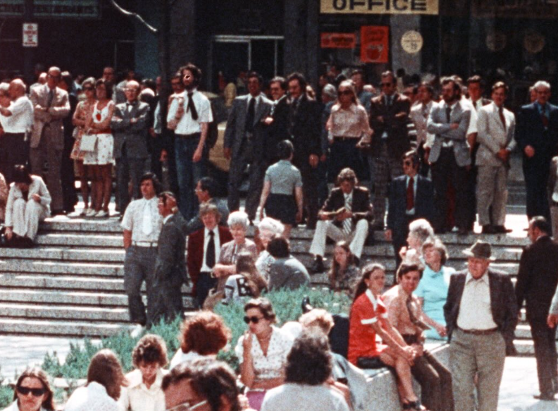 A graphic featuring a large group of people in a public space to promote the return of THE SOCIAL LIFE OF SMALL URBAN SPACES
