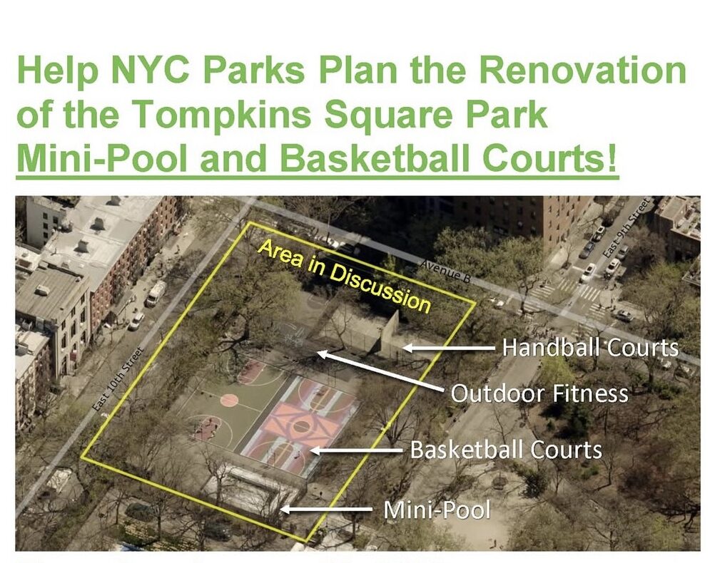 A graphic featuring a bird eye view of the Tompkins square park to promote the upcoming renovations.