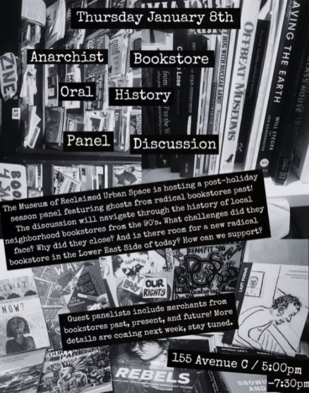 A graphic featuring black and white collections of books to promote the panel about the radical bookstores of 1990's LES.
