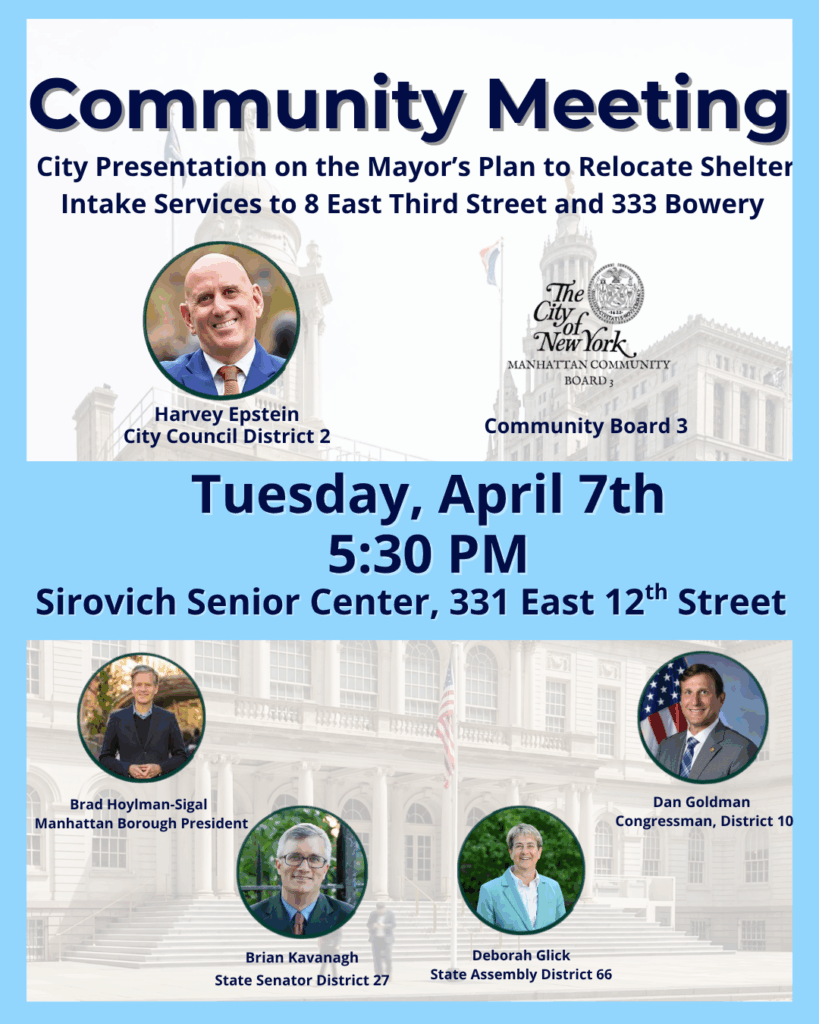 Flyer for community meeting on relocating the Bellevue adult shelter intake showing elected official portraits with City Hall in the background