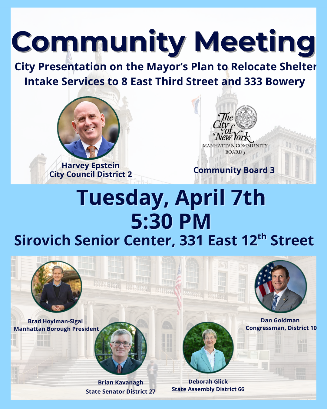 Flyer for community meeting on relocating the Bellevue adult shelter intake showing elected official portraits with City Hall in the background