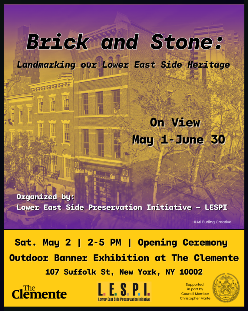 Purple and gold flyer for banner exhibit opening with a lowrise streetscape in the background