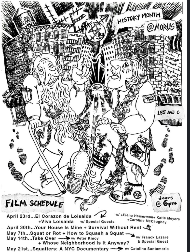 Cartoons of squatters in front of bulidings on the Lower East Side. Flyer by @packingpeanutz