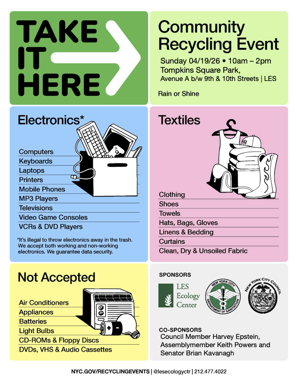 Colorblock flyer for textile and e-waste recycling event at Tompkins Square Park