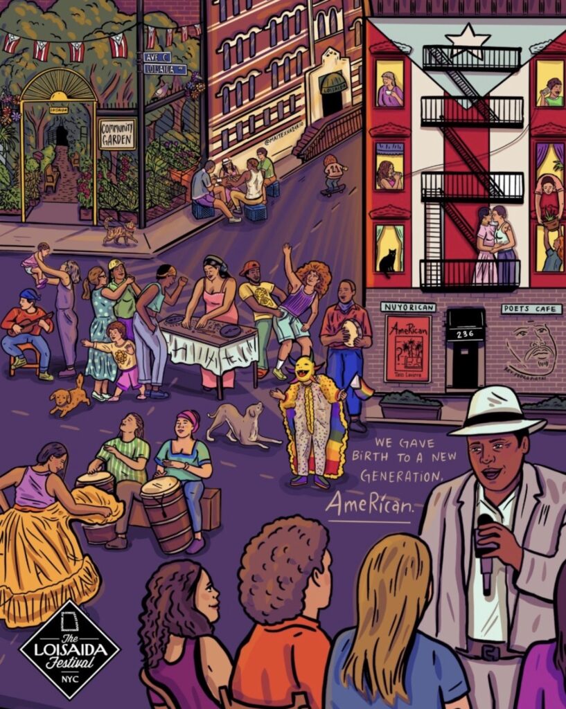 A vibrant crowded street scene in a city neighborhood. People are dancing, playing drums, and gathered in a community garden near brick buildings with fire escapes.