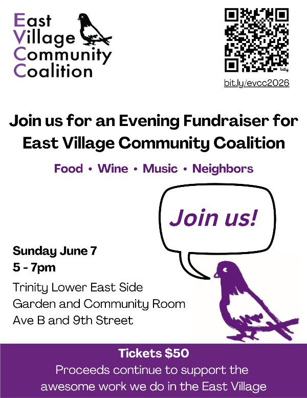 Purple and black flyer for spring fundraiser with pigeon saying Join Us