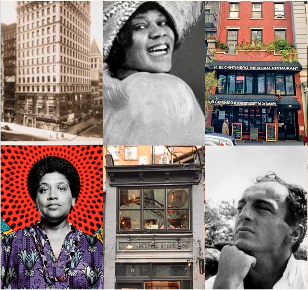 Checkerboard collage of images of LGBTQ+ artists and historic buildings