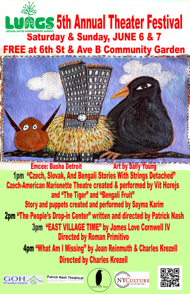 Flyer for LUNGS Garden Theater Festival: A hand-painted illustration of a small round reddish-brown bird and a large crow on either side of a cartoon tenement building wearing a wristwatch as a belt and springing up from a nest, all against a blue sky with two puffy clouds