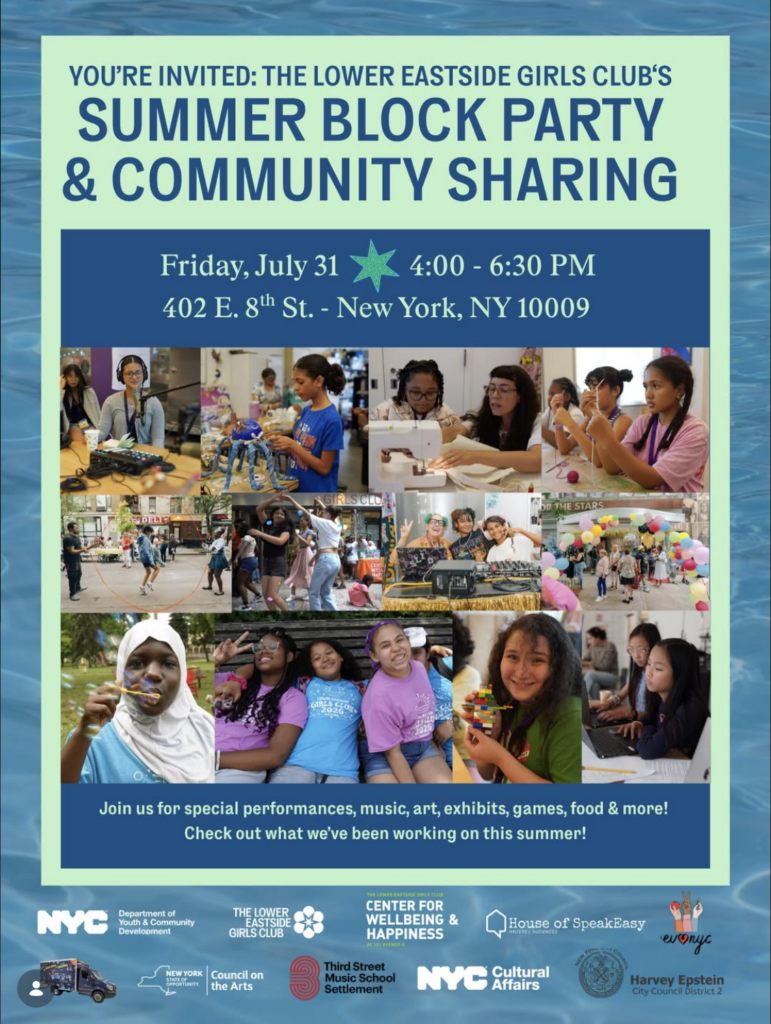 Info poster for the Girls Club block party, with pictures of their members doing various activities.