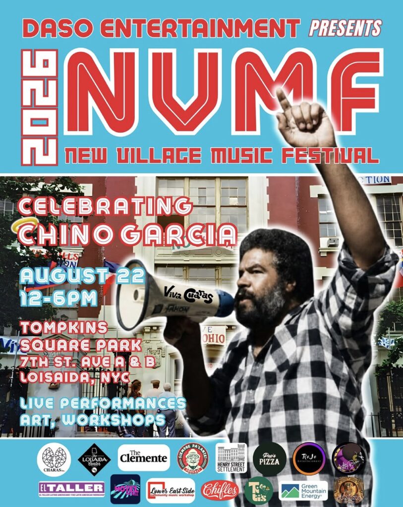 Flyer for NVMF with a photo of a young Chino Garcia with a megaphone in front of Charas El Bohio