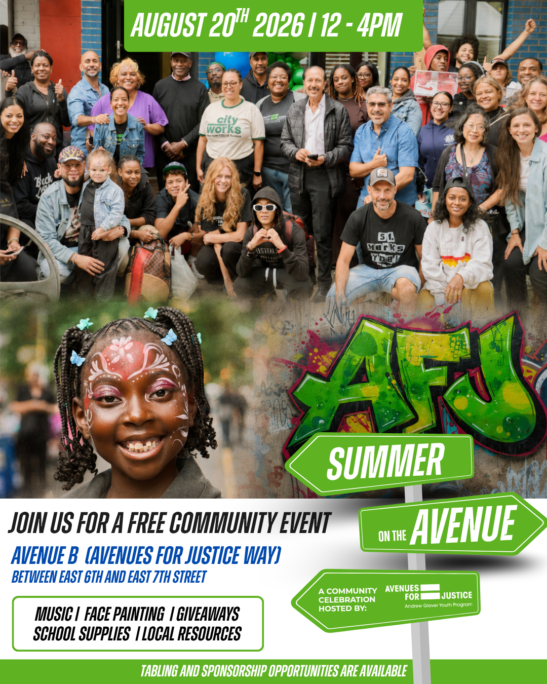 Event Flyer with pictures of community members at a block party